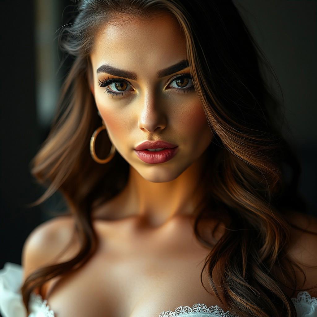 high fashion portrait of a beautiful busty woman with a large focus on the eyes. White chick