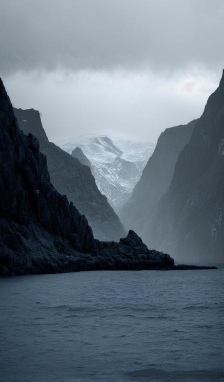 <lora:aki-000001:0.8>,greyscale, monochrome, mountain, ocean, rock, scenery, water