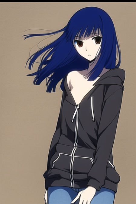 masterpiece, best quality, ZashikiW, 1girl, solo, blue hair, brown eyes, standing,  long hair, (black hoodie:1.4), jeans, hood down, small breasts, simple background,