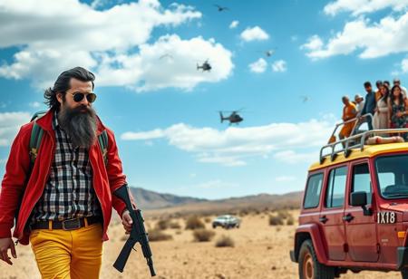 The image shows a man with a long beard and sunglasses walking in a desert-like landscape. He is wearing a red jacket, yellow pants, and a black and white checkered shirt. He has a backpack on his back and is holding a gun in his right hand. In the background, there are several helicopters flying in the sky. On the right side of the image, there is a red car with a yellow roof and a group of people on top. The sky is blue with white clouds and there are a few birds flying around. The overall mood of the scene is adventurous and adventurous.