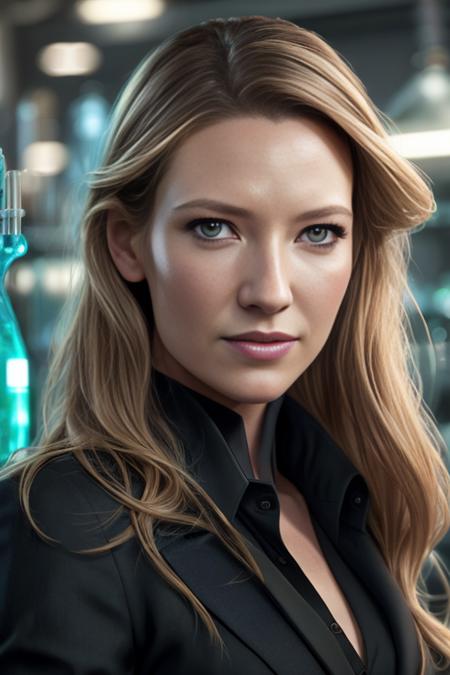 AnnaTorv,as a detective , modelshoot style, (extremely detailed CG unity 8k wallpaper), Intricate, High Detail, Sharp focus, dramatic,photorealistic painting art by midjourney and greg rutkowski ,  ((in a futuristic chemists lab)), ((wearing a black suit)), ((paparazzi in the background)), (looking at viewer), (detailed pupils:1.2), dimly lit,  <lora:AnnaTorv:0.7>