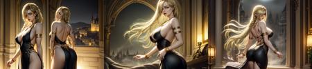 masterpiece, best quality, highest quality, 
highest, 1girl, medium breasts, jewelry, hair over one eye, dress, bracelet, blonde hair, black dress, long single braid, large breasts, ring, circlet, breasts out, necklace, armlet, looking at viewer, lips, yellow eyes, bare shoulders, parted lips, standing on rock, cool, blonde braid, 
indoors, (night:1.3), scared, landscape, castle far away, gloomy fog
from behind, (epic realistic, hdr, luminous, intricate details, hyperdetailed, cinematic, rim light)
 <lora:_Queen_Marika-000007:0.7>