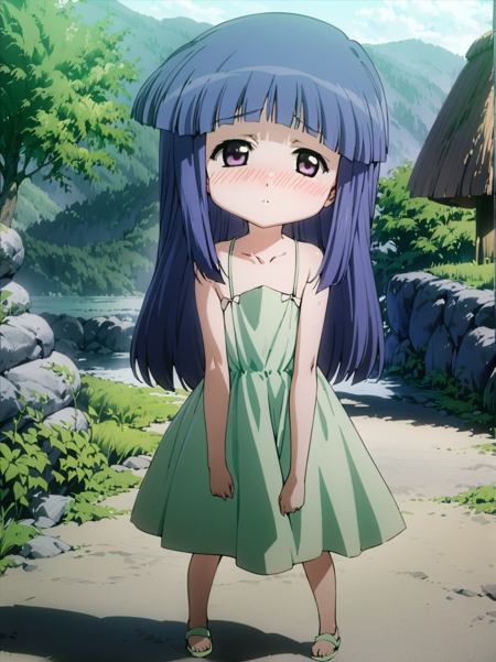 masterpiece,best quality,highest quality,best anatomy,<lora:0r0P00W0n0j0O0kqLSDXL_LoHA:1>,1girl,solo,(furude rika:1.2),child,purple eyes,long hair,blue hair,dress,blush,bangs,looking at viewer,simple background,sundress,blunt bangs,full body,green dress,collarbone,bare shoulders,embarrassed,nature,