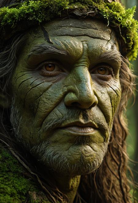 Close-up portrait of wise forest guardian with bark-like skin texture and moss growing in facial creases, ancient eyes reflecting deep wisdom. Hyperrealistic prosthetic makeup quality, practical effects aesthetic rather than CGI. Dramatic natural lighting filtering through forest canopy, earth-tone color palette. Character design suitable for high-budget fantasy film production.