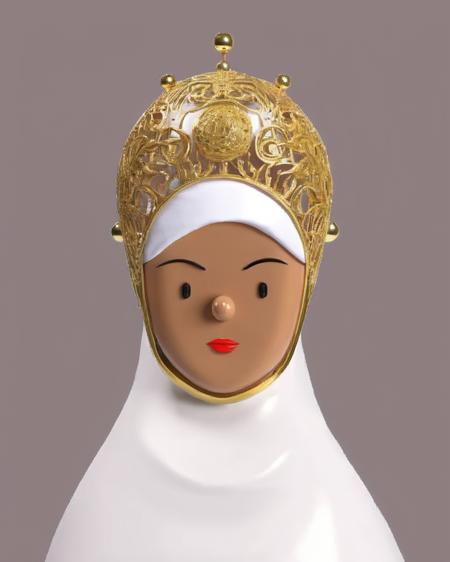 a woman wearing a white head scarf and a gold headpiece , toy_face<lora:toy_face_sdxl:1.0>