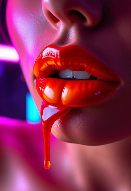 A high-resolution image of a woman’s lips, painted with a bold gradient blend of red and yellow, merging smoothly to create a striking contrast. The lips are glossy and reflective, catching light from neon-colored spotlights in the background—deep purples, blues, and pinks—enhancing their shine. A few thin streams of paint drip delicately from the lips, adding a dynamic element. The overall effect is sleek and futuristic, with the subtle reflections on the glossy surface contributing to the intensity of the image