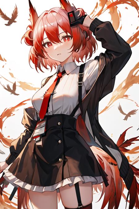 best quality, masterpiece, highres, solo, {fiammetta_arknights:1.15}, red_hair, red_eyes, short_hair, animal_ears, necktie, red_necktie, bird_ears, upper_body, hair_between_eyes, breasts, closed_mouth, feather_hair, 1girl, black_skirt, collared_shirt, jacket, medium_breasts, open_clothes, shirt, skirt, suspenders, white_shirt, black_jacket, high-waist_skirt, looking_at_viewer, off_shoulder, open_jacket, suspender_skirt