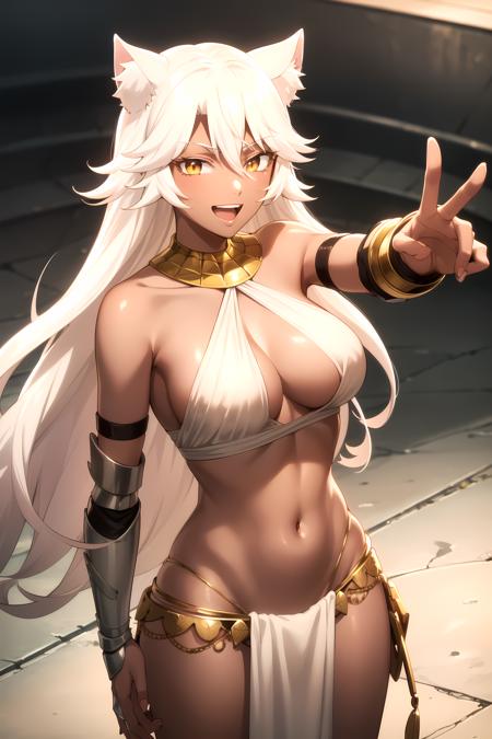 GranartNeedakitta dark skin, white hair, very long hair, yellow eyes, slit pupils, cat ears egyptian clothes, neck ring, gold trim, halterneck, armor, cleavage