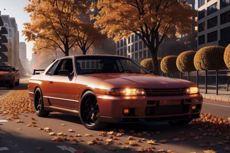 SKYLINER32, sports car parked on a street covered with leaves in autumn in a (city:1.3), fall, global illumination, volumetric lighting, best quality, highly detailed, cgi, illustration, octane render,  <lora:SKYLINER32:0.6>