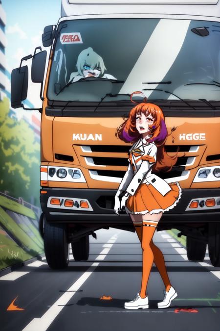 Highly detailed, High Quality, Masterpiece, beautiful, Truck-kun, <lora:Truckkun:0.8>, 1girl, ground vehicle, crash, getting hit by Truck-kun, walking, motion lines, stadia-chan, huge ahoge, multicolored eyes, ascot, white shirt, orange skirt, white gloves, orange thighhighs, white shoes, <lora:Char_Meme_Stadiachan:0.8>, crying, tears,