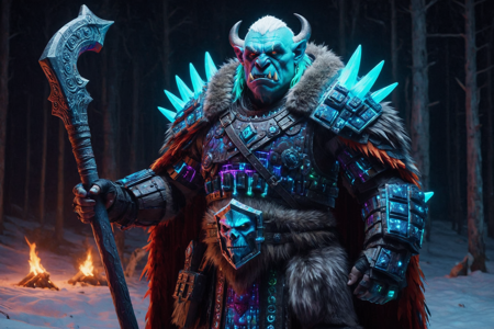 an orc chieftain made out of RGB Keyboards, with graying hair, green skin, wearing a fur cloak with bone trophies, holding a warhammer, solo, from the Frostwolf Clan, with white fur cloaks glowing with RGB lights and ice-blue markings, a neon-lit orc camp with glowing leather tents, RGB wooden stakes, a central bonfire with RGB lights, detailed background, hunting a beast, aiming a bow, with RGB lights pulsing, focused, intense gaze, emitting RGB lights, wide shot, a neon hunting expedition with orcs tracking, worgs with RGB lights running, forest rustling, a glowing RGB spiked club with RGB lights, nearby, on an RGB wooden platform, creaking boards with RGB lights, neon snow with glowing flakes, RGB lights shimmering, dusk, deep orange and purple tones, fading light, cool breeze, best quality, vibrant colors, realistic style, high detail, high-definition, hyper-realistic, extremely high-resolution details, fine texture, incredibly lifelike, realistic, not cartoon, not drawing, highres, 4K resolution, source photo, realistic photo, masterpiece, best quality, amazing quality, very aesthetic, ultra-detailed, detailed textures, natural lighting, soft light, cosmic RGB colors, purples, blues, starry whites, holographic glow, futuristic and shimmering, dynamic angle, wide shot, <lora:RGB_Keyboard_themed-000008:1>