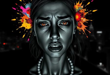 A hyper-realistic young woman with elongated facial features, her expression a mix of pain and confusion. Emotions—anger, joy, sadness—visibly spill from her eyes, mouth, and body as vibrant, abstract symbols. These symbols explode in vivid, electric colors, contrasting sharply with the black-and-white palette of the scene. Her skin alternates between crusted dryness and a shimmering, dewy sheen, creating an unsettlingly real texture.
The lighting is cinematic and refined, ensuring every detail stands out sharply, with a nod to elegance reminiscent of Coco Chanel but with an Andy Warhol flair—artsy, bold, and slightly rebellious. The shot uses Panavision anamorphic lenses, giving a wide, immersive view with delicate lens flares that enhance the dreamy quality.
Behind her, a dark city skyline glows faintly with neon lights, distorting slightly at the edges, adding to the claustrophobic, yet luxurious atmosphere. The scene feels intense, yet chic, balancing overwhelming emotion with a sense of artistic sophistication.