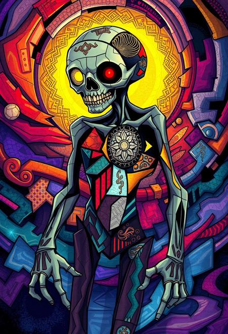 A hyper-stylized anime zombie, blending the opulent, geometric patterns of Art Deco with the fragmented, multi-angled forms of Cubism. The zombie's body is broken into multiple, overlapping planes, with each fragment rendered in bold, Cubist shapes and Art Deco-inspired patterns. The skin is a mosaic of geometric tiles, with each tile featuring a different Art Deco motif, from chevrons to zigzags. The eyes are two gleaming, gemstone-like orbs, surrounded by intricate, Art Deco-inspired filigree. The background is a swirling, Cubist-inspired vortex of colors and patterns, with Art Deco motifs woven throughout. The overall effect is one of eerie, unsettling glamour, as if the viewer is gazing into a fractured, nightmarish world. The zombie's limbs are depicted in a stylized, fragmented manner, with each joint rendered as a separate, geometric shape, adding to the sense of disjointed, Cubist chaos. highest-Quality, intricate details, visually stunning, Masterpiece