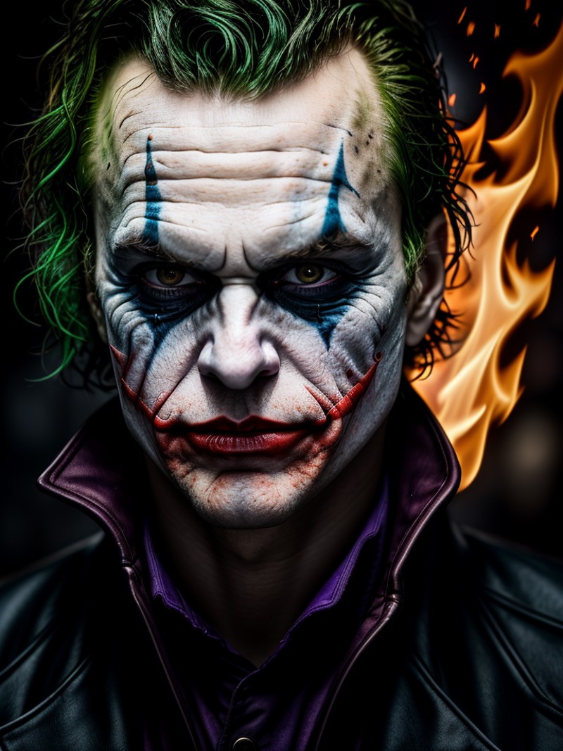 dark and gloomy, 8k, a close up photo of the joker with flames behind him , lifelike texture, dynamic composition, Fujifil...