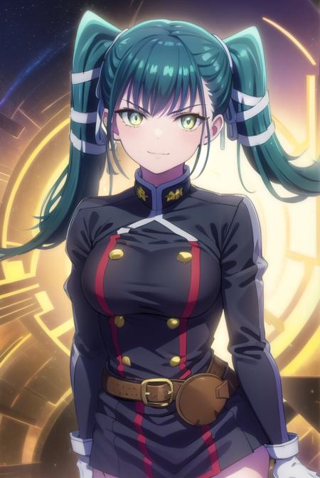 yachiho azuma, long hair, twintails, hair ribbon, aqua hair, (yellow eyes:1.3), thighhighs, gloves, jewelry, earrings, boots, shorts, belt, uniform, military, military uniform, thigh boots, epaulettes, black military uniform,