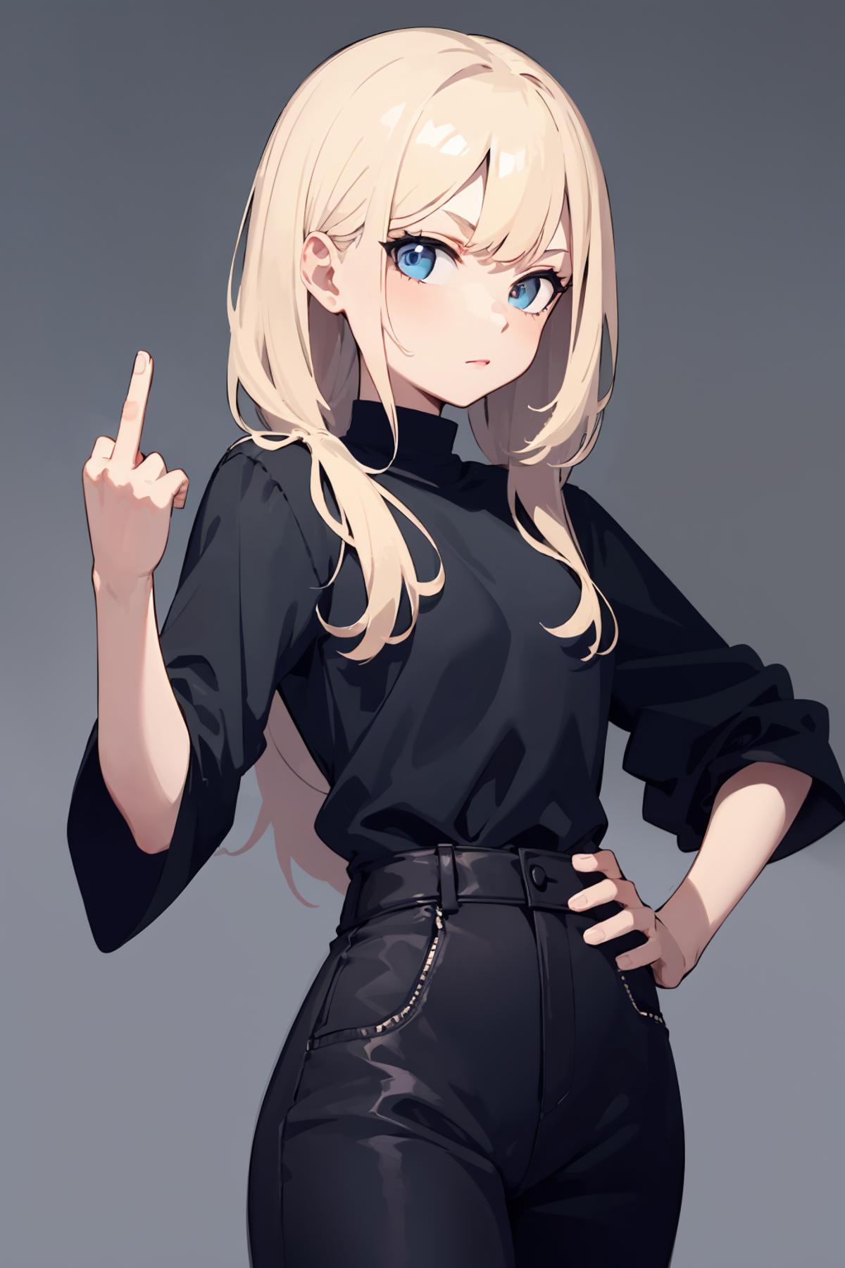 A cartoon drawing of a woman wearing black with blond hair making a middle finger gesture.