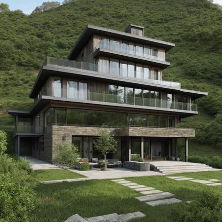 a single house on a hill, the house is entirely made of an element from the elemental table, high detail, hdr, elemental garden, complex house design