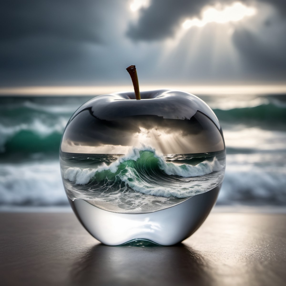 Imagine a photograph capturing an extraordinary and surreal subject: a transparent apple, crystal clear and perfectly form...