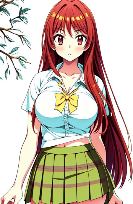 ,1 girl,nsfw,solo,masterpiece, 4K detailed,highly detailed beautiful face,dynamic angle, full body,super fine illustration,an extremely cute and beautiful girl, traditional media,marker (medium),((dark red eyes)),((yellow hair)), ((very long two side up)),BREAK thigh strap,embarrassed,blush,skirt, school uniform, looking at viewer,green pleated skirt, green bow, white shirt, miniskirt, plaid,choker,navel,(((skirt lift))) ,pinch skirt,open clothes, bra, panty,bedroom<lora:gatenkei-08:0.8>misaki