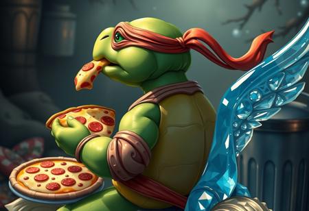Create a highly detailed, 4K-resolution artwork of a Ninja Turtle eating pizza while sitting on a Crystal Beast Sapphire Pegasus. The Ninja Turtle should have a short spout and a mischievous glint in its eye. The artwork should be inspired by Renaissance-style fine china and have a creepy, oddly familiar atmosphere. The Ninja Turtle's back should be turned towards the viewer, with a trash can visible in the background. The artwork should be created in a style reminiscent of Loish, Murata Range, and Yoshitaka Amano, with vibrant, high-contrast colors and a sense of fantasy. The composition should follow the rule of thirds and the golden ratio, with intricate details and a cel-shaded look.