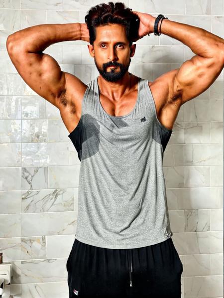 Ravi Dubey a man <lora:Ravi-Dubey:1>, Is wearing a gray tank top with sweat and black shorts. standing with his hands over his face as if he is in pain or discomfort. The background is lush bright bathroom in white which contrasts with the man's dark clothing and adds to the starkness of the image. body is muscular, rugged appearance, high-res, best quality, s3t on armpit chest and belly, medium full body shot, 8k uhd, dslr, soft light, high quality, Fujifilm XT3
<lora:sweaty_shirt_v5-28-B1-Rescale:1>
