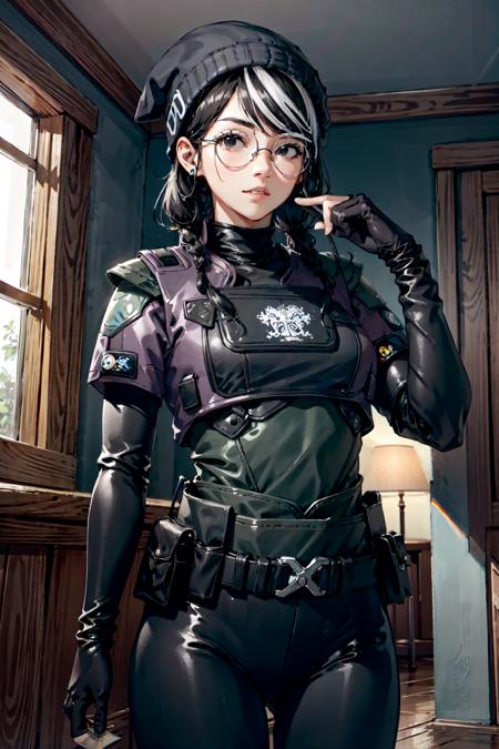 masterpiece, high quality cg, anime, illustration, best quality, 1girl, bound, bondage, beautiful face, detailed face, cowboy shot, dokkaebi, 1girl, solo, looking at viewer,  black hair, braid, glasses, black gloves, belt, pants, black eyes, twin braids, streaked hair, black headwear, bodysuit, black pants, round eyewear, black bodysuit, beanie, hair behind ear, <lora:Dokkaebi:0.9>