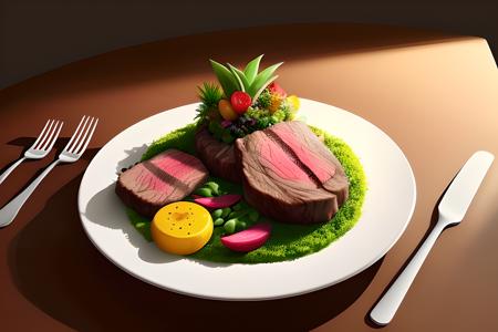 plant_style, steak dish,<lora:PlantStyle:1>, ((masterpiece)),illustration,high detail, soft lighting, delicious, colorful, aesthetically pleasing, studio lighting, trending