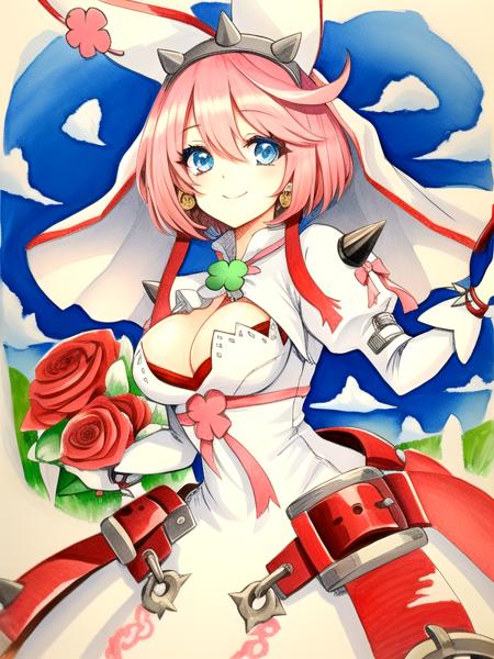 ((traditional media)), solo elphelt valentine, blue eyes, pink hair, short hair, rabbit ears, large breasts, bridal veil, spiked hairband, juliet sleeves, wedding dress, white dress, red gloves, clover, shoulder spikes, red belt, red ribbon,  <lora:elphelt valentine (xrd sign):1>