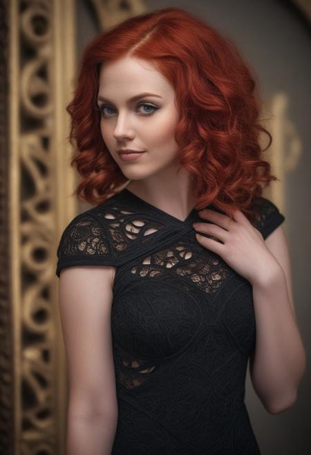 Enchantress, 
Woman wearing black filigree cutout dress, 
red hair, 
half body view, 
looking at the viewer, 
sharp focus, 
slight smile, 
photograph, 
4k resolution, 
golden ratio, 
trending on art station, 
ultra high quality model, 
sharp focus