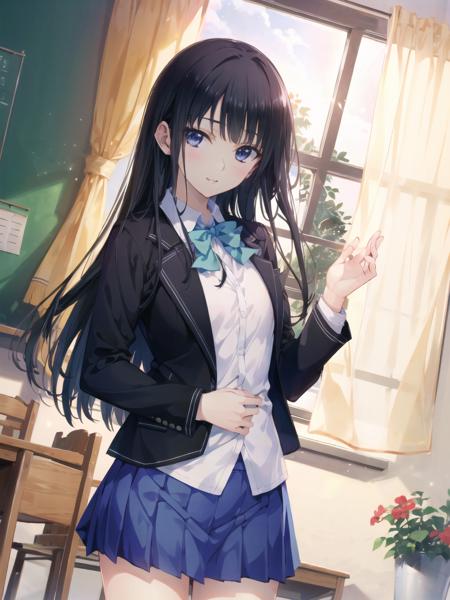 best quality,masterpiece, high res,original, beautiful detailed eyes,ultra-detailed, 1girl, isurugi yuki, school uniform, solo, skirt, jacket, bow, smile, looking at viewer, black jacket, straight hair, blazer, bowtie, long sleeves, curtains, window, classroom, shirt, pleated skirt, indoors, white shirt, very long hair, dutch angle, blue skirt, collared shirt, blush
<lora:isurugi_yuki_lora:1>