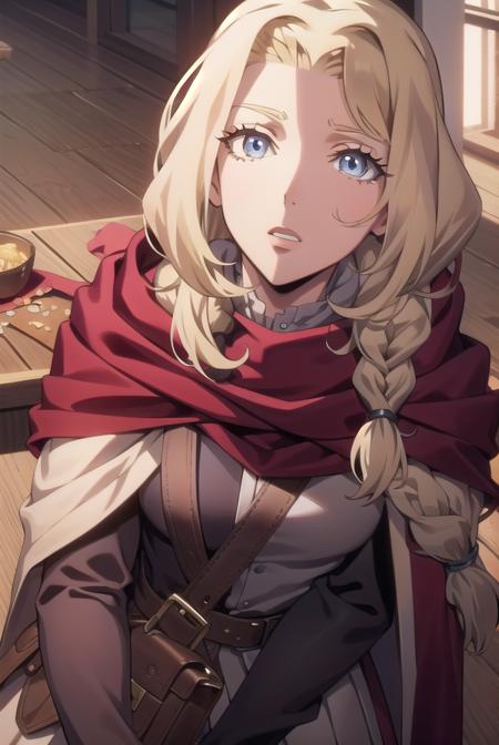 lisa tepes, long hair, blue eyes, blonde hair, hair over shoulder,  dress, red dress, long sleeves, skirt, long skirt, braid, belt, bag, cape, single braid, long sleeves, skirt, 