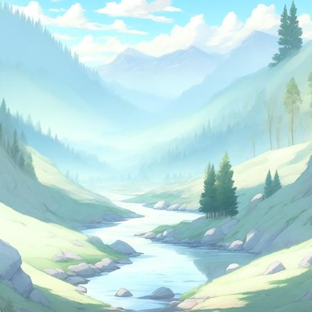 anime rendition of Peaceful river valley, serene scenery, epic landscape (RiverValley style:1) <lora:djzRiverValley:0.8)