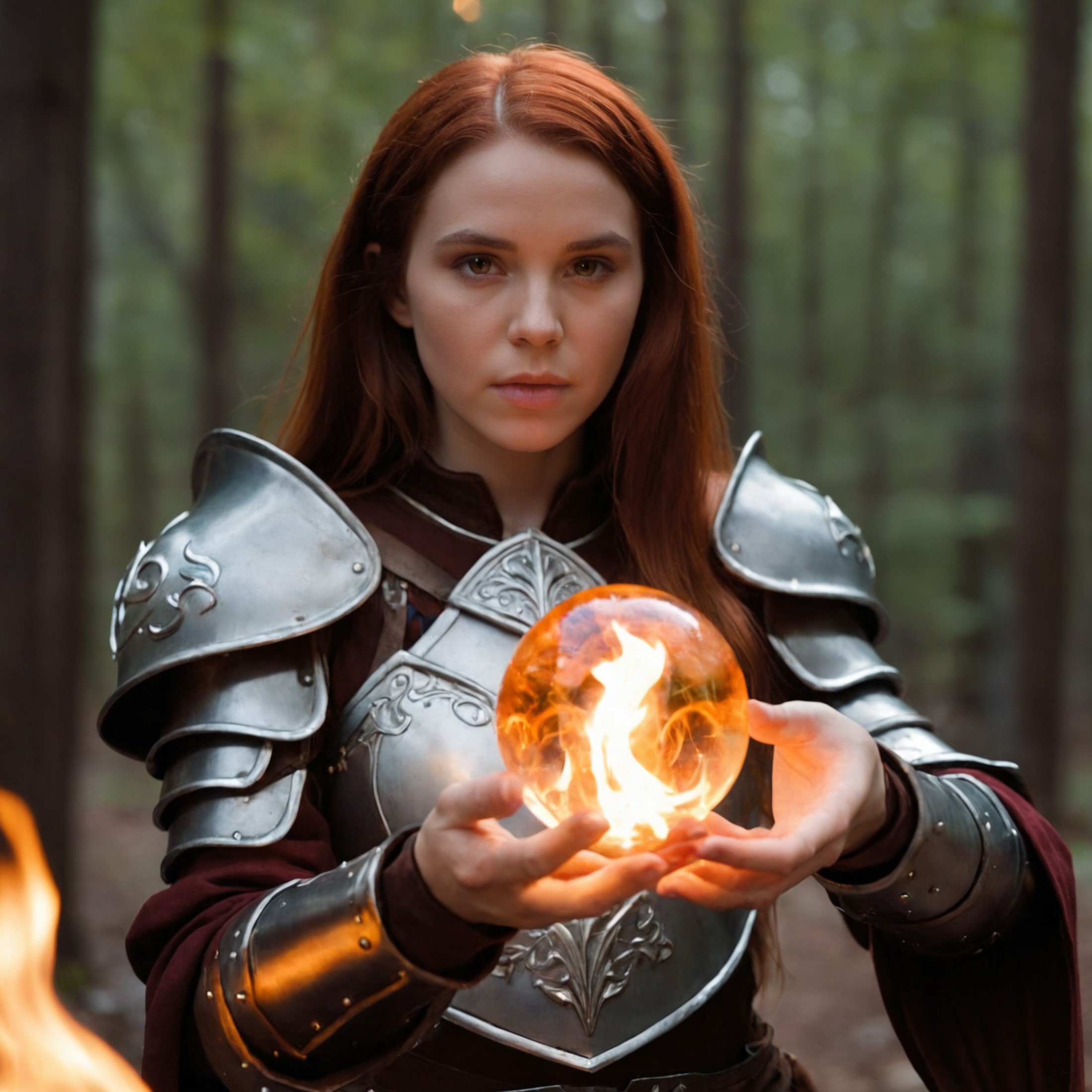 cinematic film still, a mage woman, 20 years old, holding a magic fire glass orb, glass mage armor,