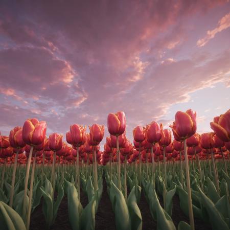 stunning tulip field, low from below,  low angle view dramatic volumetric godrays, trending on artstation, sharp focus, illustration, caustics, octane render, 4 k, radiant light, art by wlop and artgerm and greg rutkowski and alphonse mucha