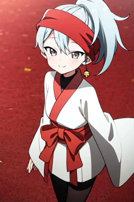 masterpiece, best quality, <lora:kunoichi_uikyou:0.7> 1girl, solo, grey eyes, grey hair, ponytail, red headband, single jingle bell, white kimono, one long sleeve, wide sleeve, black legwear, looking at viewer, cowboy shot, light smile, short hair,