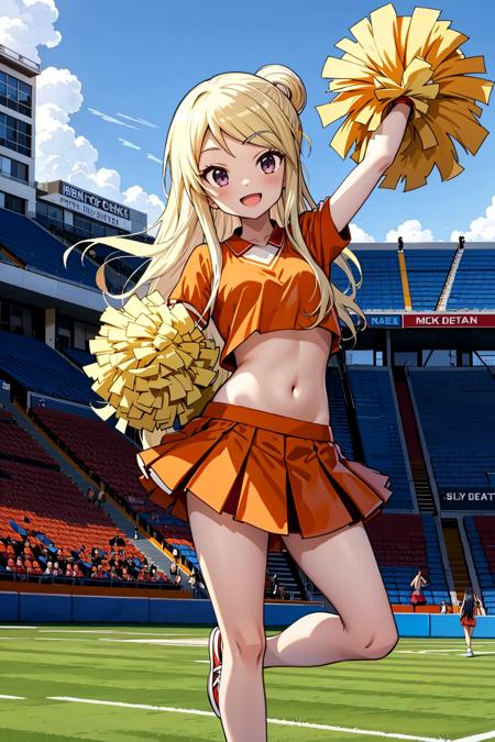 kujo karen, cheerleader, pom pom (cheerleading), skirt, open mouth, smile,  navel, midriff, looking at viewer, shoes, sneakers, :d, arm up,outdoors, sky, orange shirt   <lyco:kujo-karen_v3:0.8>