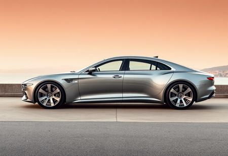 Luxury, elegant four-door sedan car with smooth lines, large wheels, distinctive front grille, and sleek retrofuturistic body design in side view yfg-sde perspective. On the French riviera.