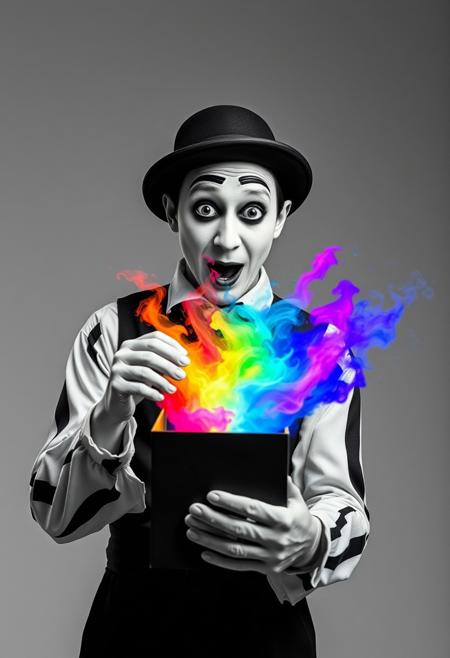"Image of a mime, dressed in traditional black and white attire, opening a small mysterious box. The entire scene is rendered in black and white, with no hint of color anywhere. But as the mime lifts the lid of the box, a burst of vibrant, beautiful colors erupts from within. The colors are a riotous mix of pinks, blues, yellows, and greens, swirling and dancing in the air like a living thing. The mime's face is a picture of surprise and wonder, their eyes wide with amazement as they gaze at the colors that should not exist in this monochrome world. Style: surreal, dreamlike, and fantastical, with a focus on capturing the mime's shock and delight at the unexpected burst of color." Absurdres Highest-Quality, 4k