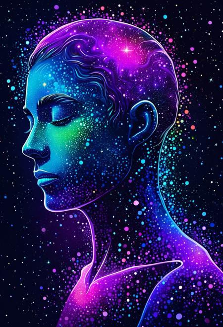 DB4RZ style painting, aidmansfwunlock, masterpiece, neon splash art This is a digital artwork featuring a stylized covered in a constellation of glittering iridescent stars and cosmic particles surrealistic portrait of a humanoid figure set against a dark with a body that is predominantly dark almost liquid texture almost black gradient background transitioning from dark purple to black. The figure is rendered in a smooth giving it a celestial appearance.vibrant surreal colours fine art,Full shot of an abstract painting. , <lora:FLUX-daubrez-DB4RZ-v2:1> DB4RZ, DB4RZ style painting