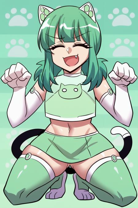 adchan, green hair, cat ears, low twintails white and green dress, elbow gloves, white gloves, green thighhighs, tail