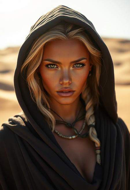 A beautiful fremen woman with light brown skin and bright blue eyes, she has dark brown eyes and wears a dark robe with a hood. Her athletic feminine physique is clearly visible under her robes. There are dunes in the background and the sun is bright.
Over her head it says: "He who controls the buzz, controls the universe"