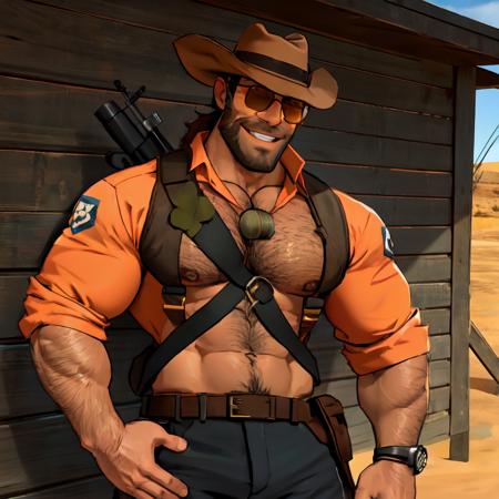 sniper_tf2, cowboy hat, sunglasses, male focus, bara, pectorals, hairy, smile <lora:ticktockLora-10:0.5>