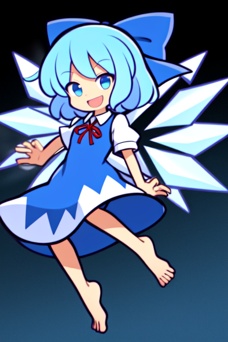 masterpiece, best quality, 1girl, puyopuyo, cirno, 1girl, solo, looking at viewer, smile, short hair, open mouth, blue eyes, simple background, blue hair, full body, short sleeves, hair bow, barefoot, collared shirt, red neck ribbon, blue dress, blue bow, fairy, ice wings, detached wings <lora:puyopuyov2:1>