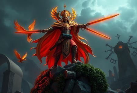 "Create a digitally rendered, hyper-detailed artwork of a Gravekeeper's Chief, standing on a hedge guard, dual-wielding swords, with an 80s art deco/googie style. The Chief should have a single solid body with dramatic warm colors, reminiscent of an academy headmaster. A phoenix should be present in the scene. Implement the rule of thirds, and utilize dreamwave and synthwave elements. The artwork should be trending on ArtStation and rendered using Unreal Engine 5. The style should be inspired by Klimt, Nixeu, Ian Sprigger, Wlop, and Krenz Cushart."