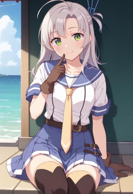 kinugasakaini grey hair, hair tie, green eyes, blue sailor collar, serafuku, yellow necktie, brown gloves, belt, skirt, black thighhighs