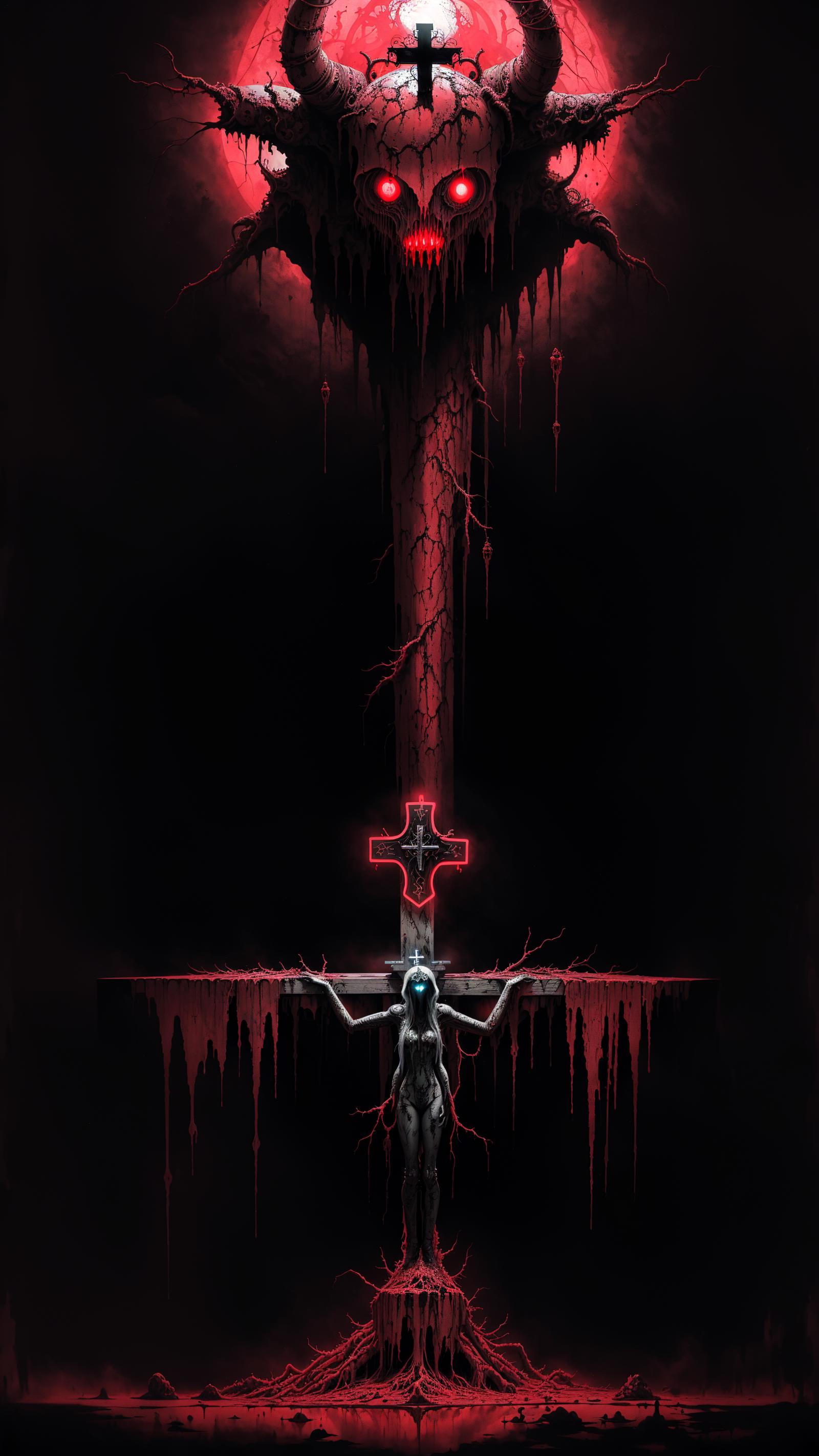 A woman standing in front of a large, bloody cross with red drops of blood.