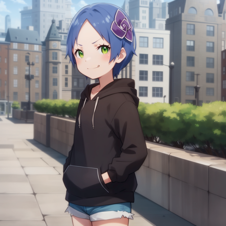 <lora:Meili-000060:1>,
anime screencap,city, 
1girl, solo, green eyes, blue hair, short hair, hair ornament,smug, looking at viewer,hoodie, shorts,hands in pockets,