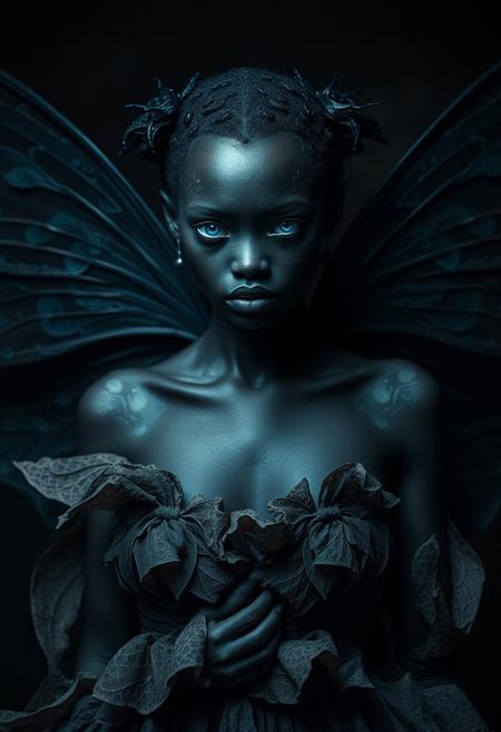 An evocative dark fantasy photography. The central figure is a once-elegant african fairy, her skin is black coal now corrupted by sinister forces. She has buterfly wings like attributes, a pale complexion, glowing blue eyes. Her once-lush attire is now tattered and overgrown with the transparency  that she once represented. The background is dark and foreboding, reflecting the fairy's lost beauty and anger. The overall atmosphere is cinematic and conceptual, immersing the viewer in a world of dark fantasy., cinematic, dark fantasy
