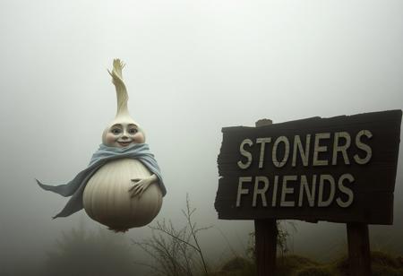 Imagine this surreal, fog-laden scene: a human-like garlic figure floats gracefully, its face bearing expressive eyes that make direct contact with the viewer. It’s wrapped in a windswept cloak that adds to its mysterious allure. Beside it stands a relaxed, anthropomorphic weed bud, grinning as it exhales smoky tendrils that mingle with the swirling, looping air around them. To the side, a rotten wooden sign reads STONERS FRIENDS, its letters faded and chipped, barely clinging to the worn-out wood. The entire scene, captured in intricate, award-worthy detail, has the warm, grainy look of a vintage 35mm photograph, with Kodachrome tones and a dreamy vignette that lend a nostalgic, Lomography-inspired feel.