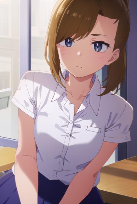 serinayoshida, <lora:serina yoshida s1-lora-nochekaiser:1>,
serina yoshida, brown hair, ponytail, (black eyes:1.5),
BREAK skirt, shirt, school uniform, white shirt, short sleeves, pleated skirt, collared shirt, blue skirt,
BREAK indoors, classroom,
BREAK looking at viewer, (cowboy shot:1.5),
BREAK <lyco:GoodHands-beta2:1>, (masterpiece:1.2), best quality, high resolution, unity 8k wallpaper, (illustration:0.8), (beautiful detailed eyes:1.6), extremely detailed face, perfect lighting, extremely detailed CG, (perfect hands, perfect anatomy),